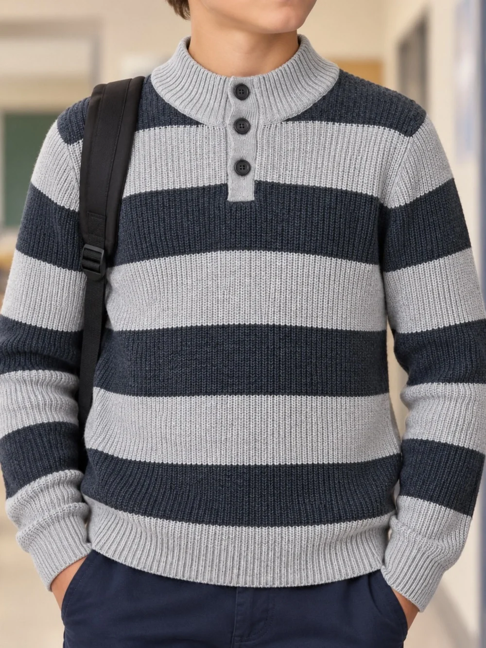 🎒📚 OshKosh B’gosh Boys Size 14/14A Preppy Gray Striped Mock-Neck Sweater
